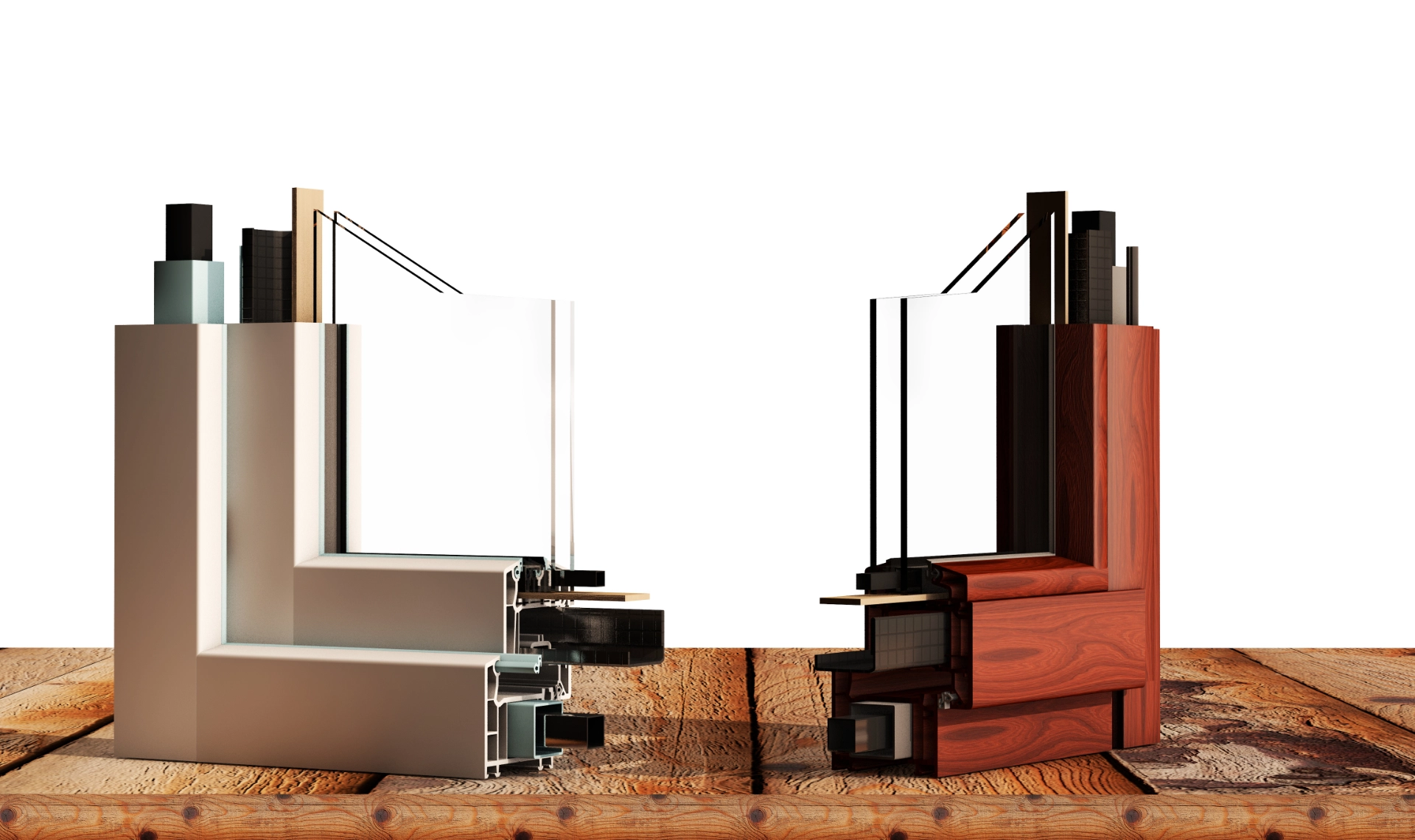 3D-Rendering zum Vergleich des Querschnitts und Aufbaus eines Aluminiumfensters und eines Holzfensters.