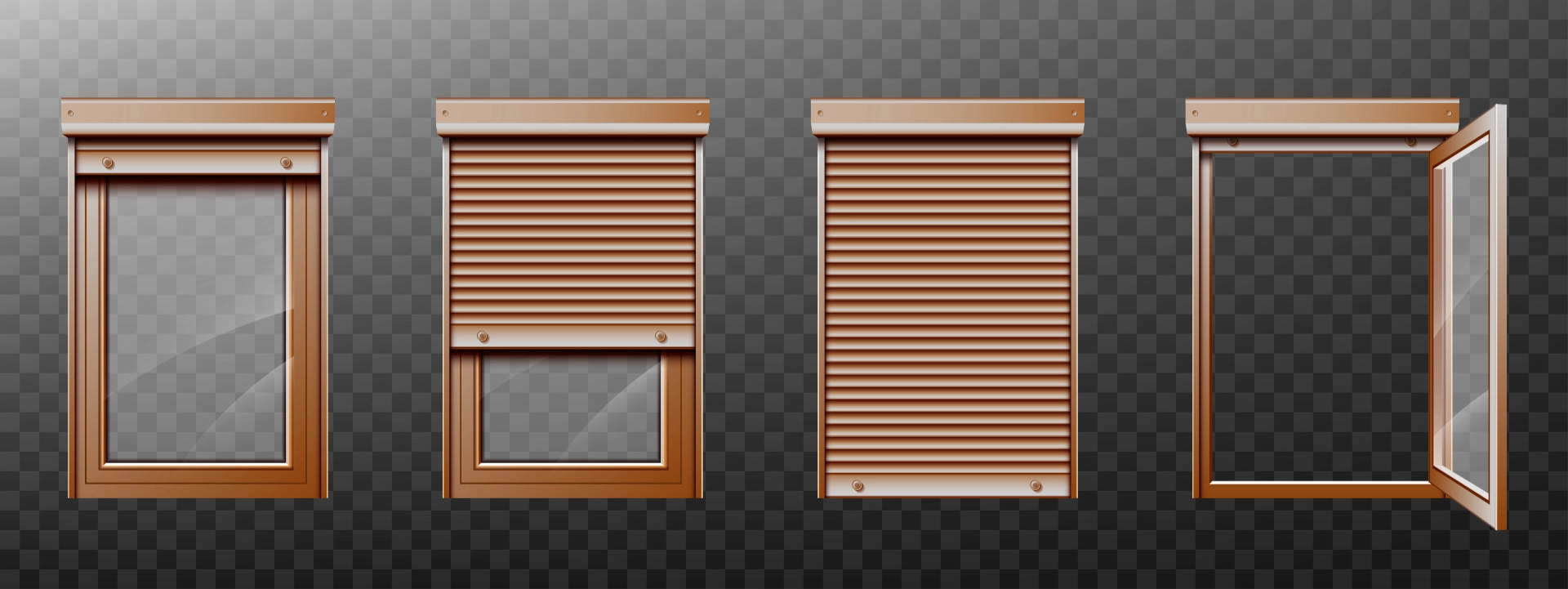 3D-Rendering eines Holzfensters mit Jalousie und Ansicht des geöffneten Fensters.