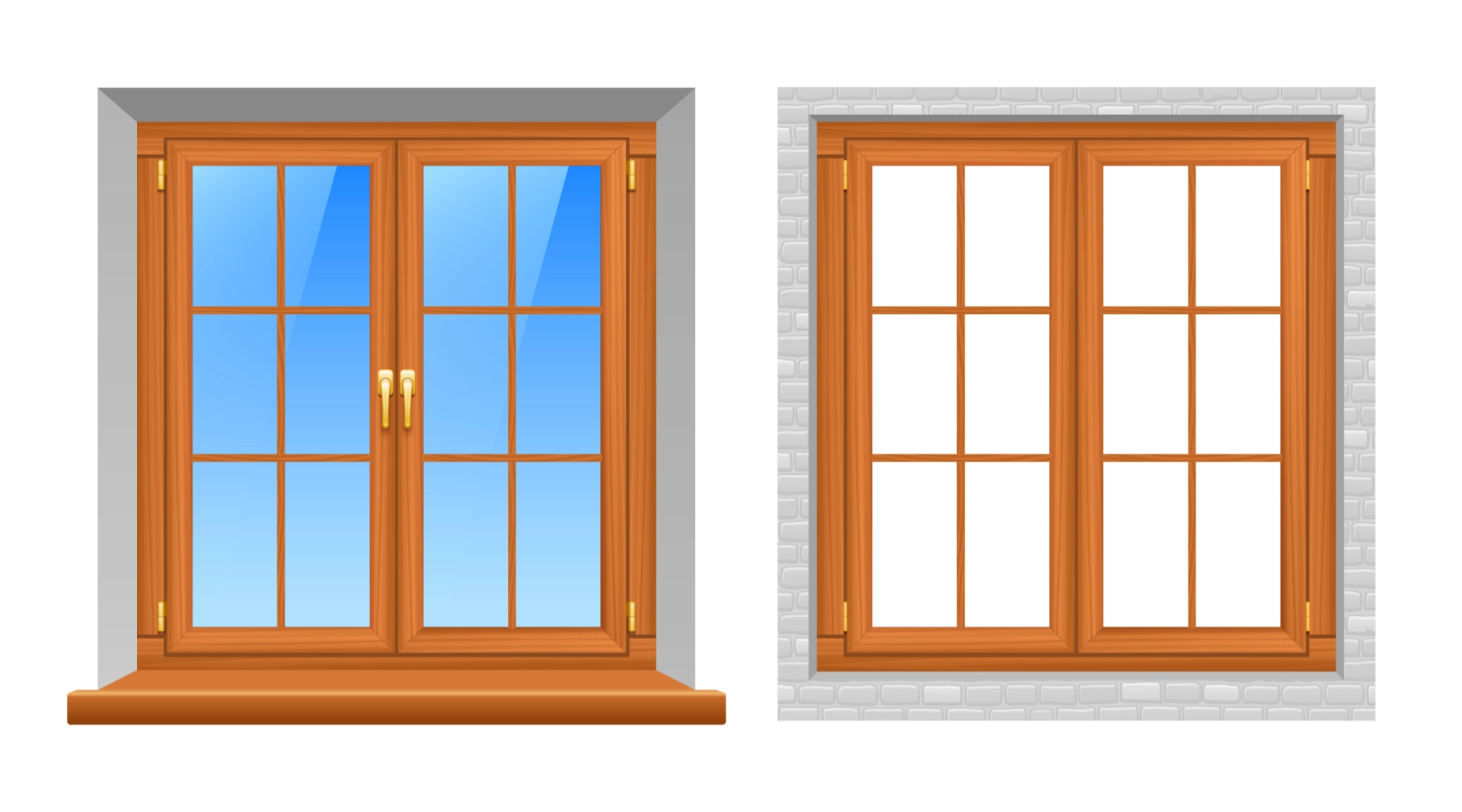 3D-Rendering eines Holzfensters, Ansicht von außen und innen.