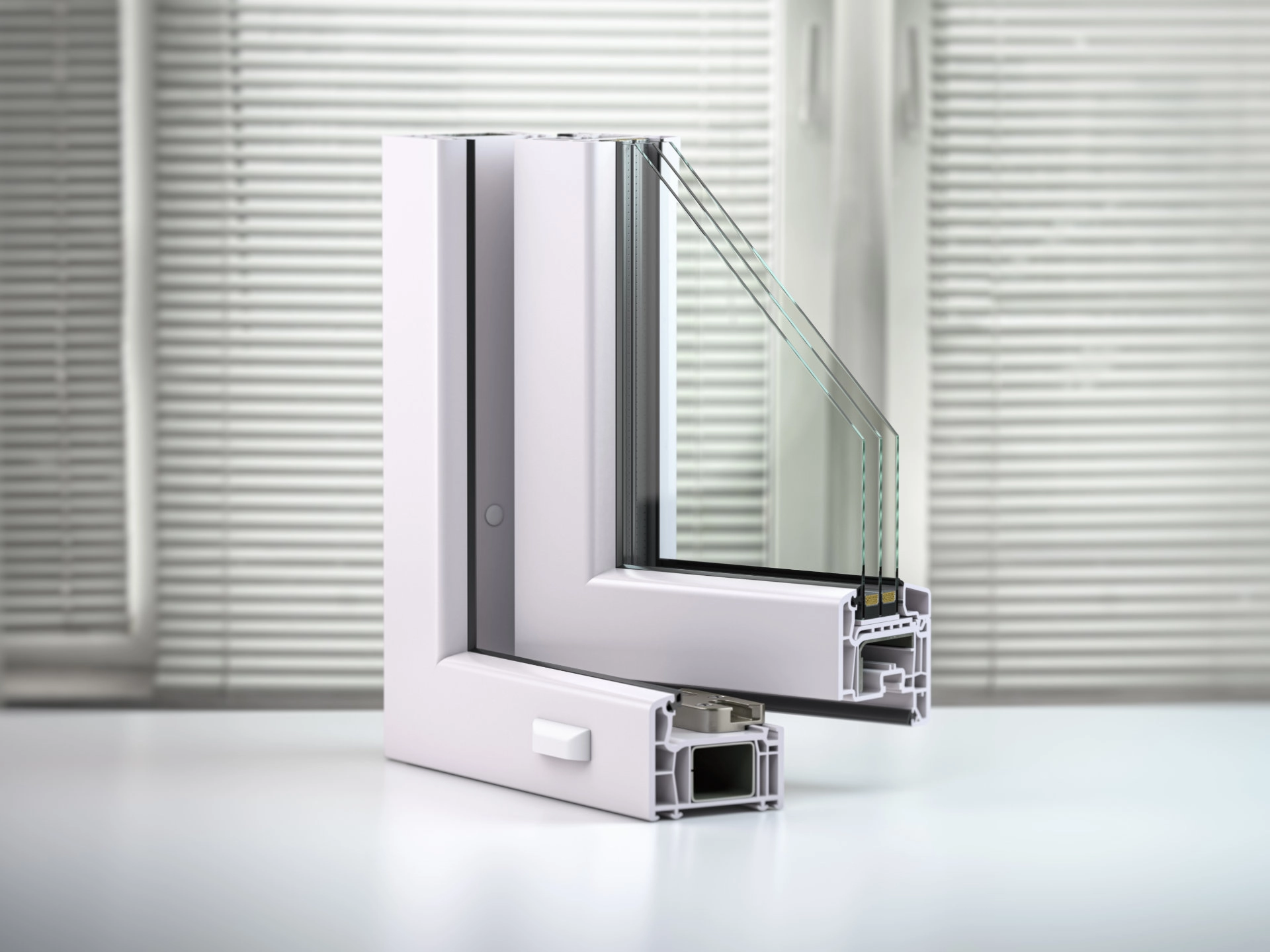3D-Rendering eines Aluminiumfensters auf einem weißen Tisch, das dessen Querschnitt zeigt.