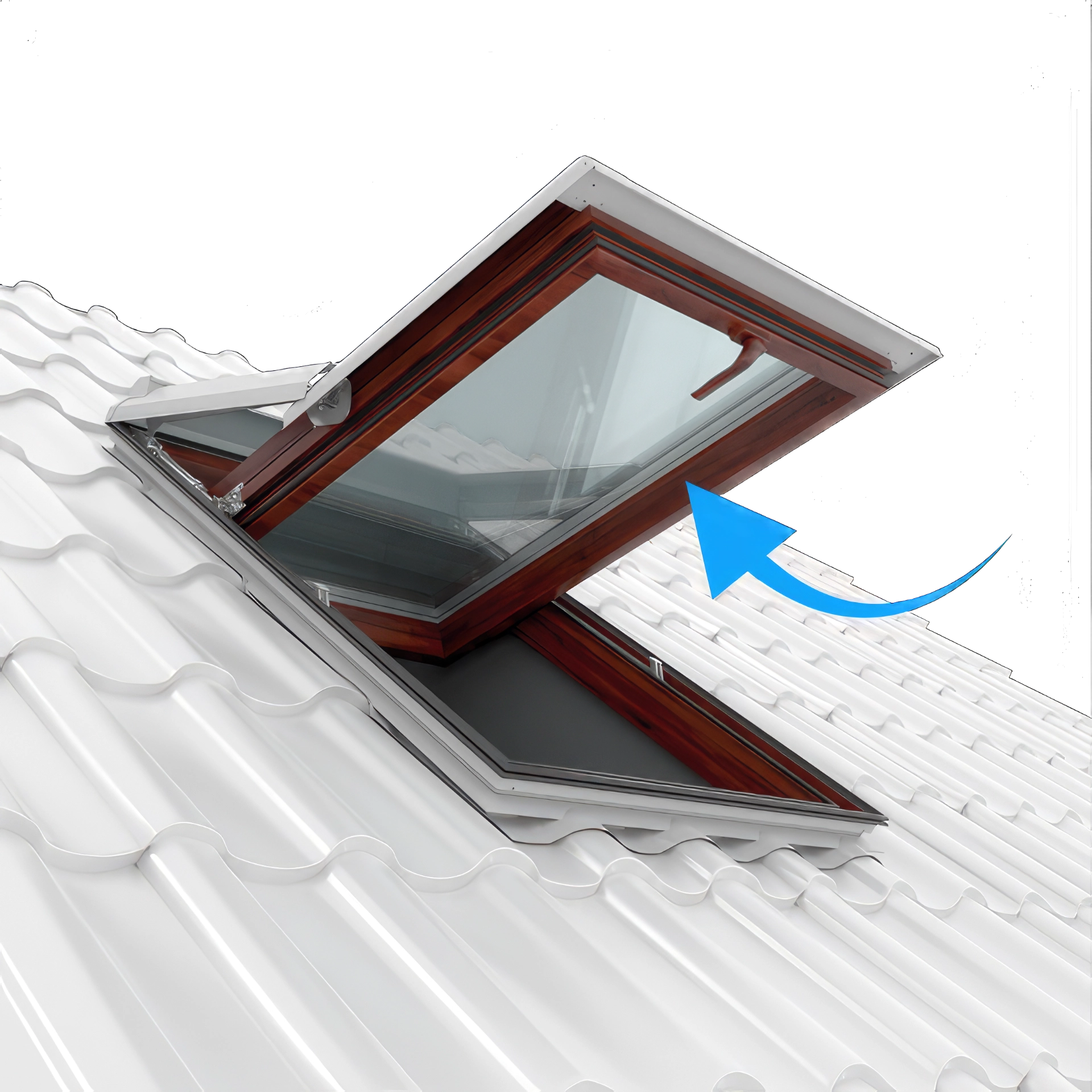 3D-Rendering eines einzigen Dachfensters mit Kippfunktion auf grauem Dach mit Dachziegeln.