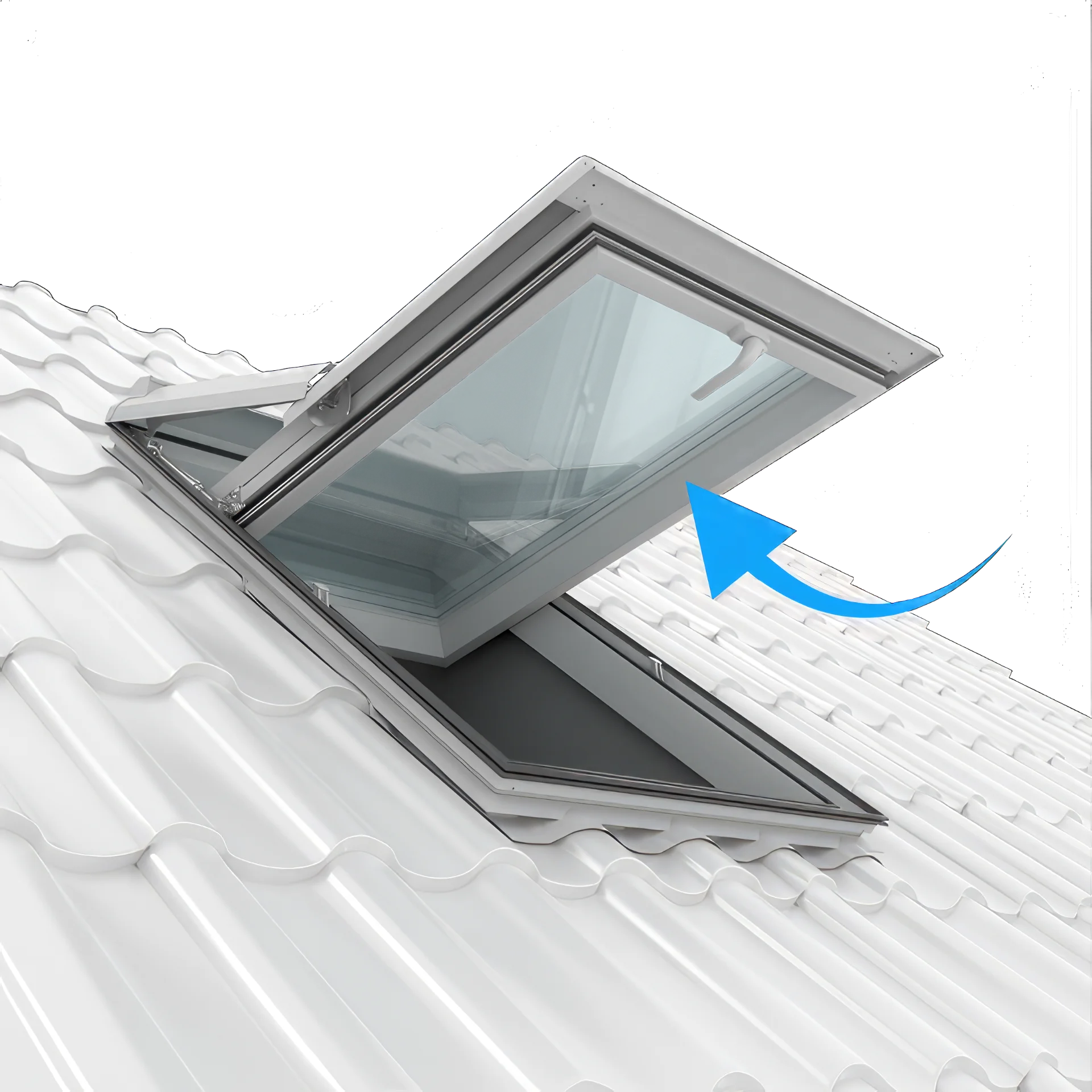 3D-Rendering eines grauen Dachfensters mit Darstellung der Funktionalität.