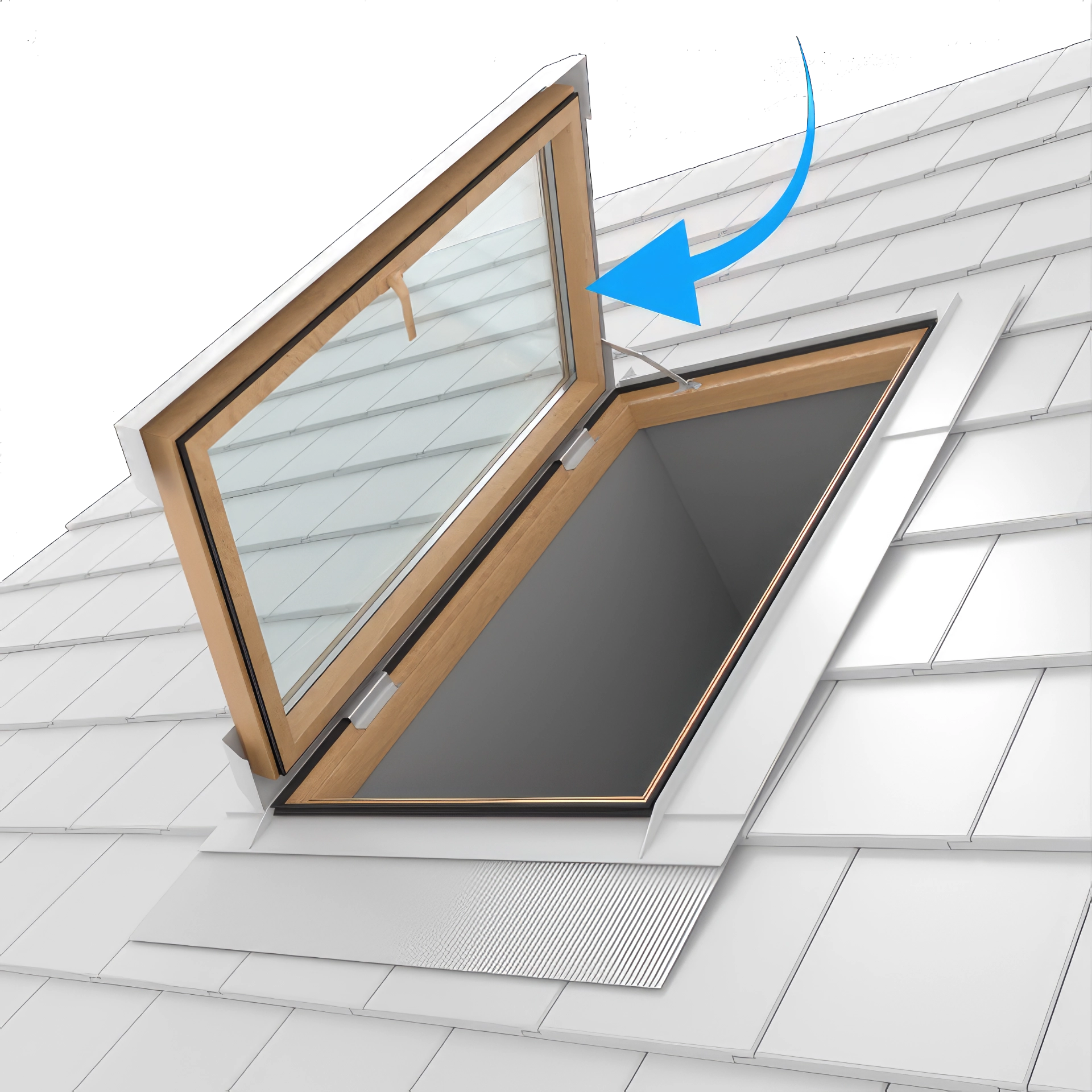 3D-Rendering eines einzigen, aufschwingenden Dachfensters auf einem grauen Dach mit Dachziegeln.