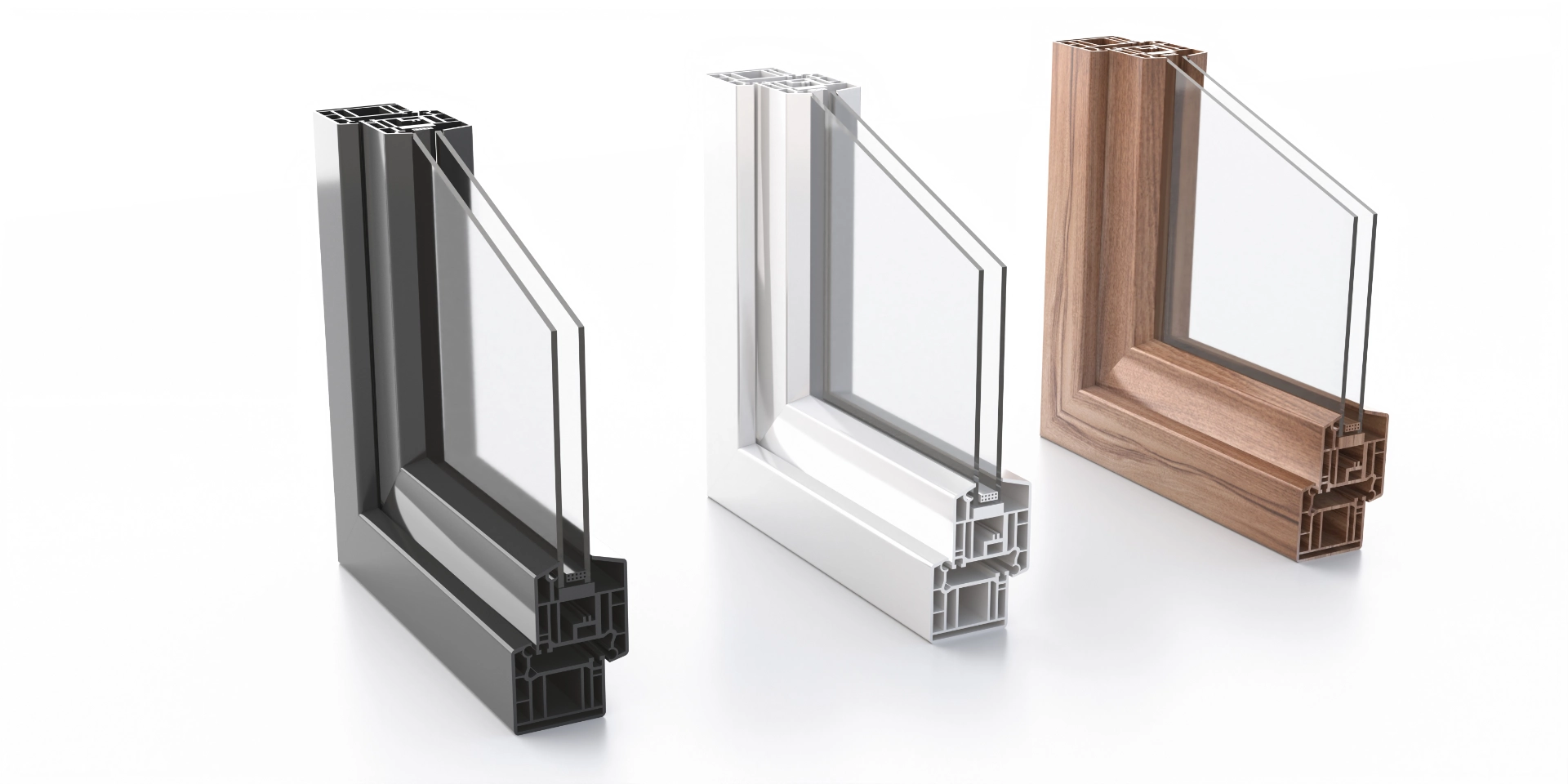 3D-Rendering zum Vergleich des Querschnitts und Aufbaus eines Aluminium-, Holz- und Kunststofffensters.
