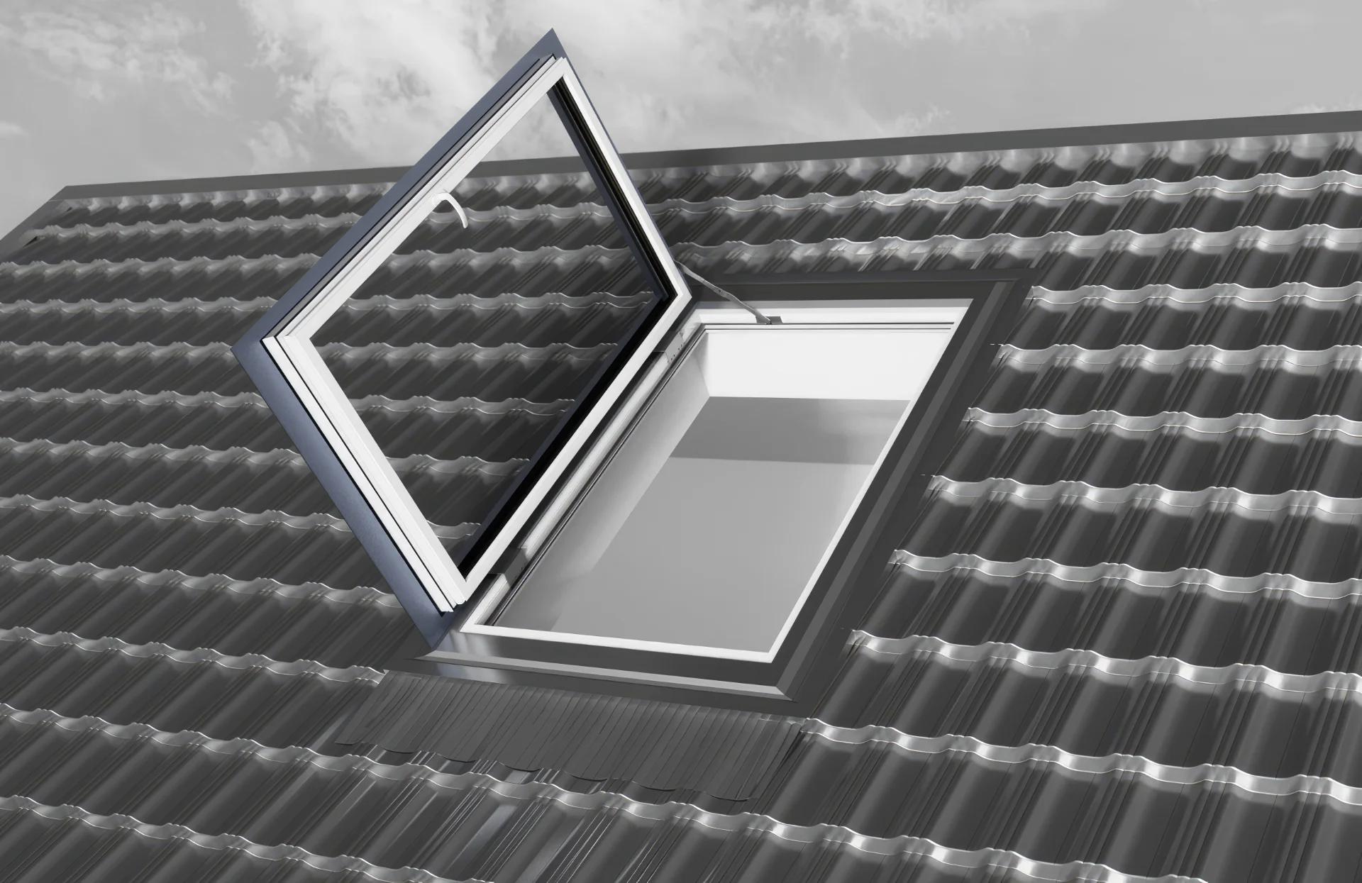 3D-Rendering eines geöffneten einzelnen Dachfensters auf einem Dach mit schwarzen Dachziegeln.