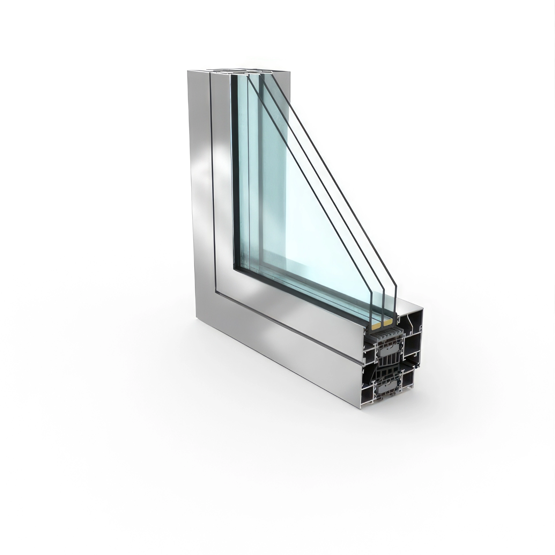3-fach verglastes Aluminiumfenster-Rendering auf weißem Hintergrund.