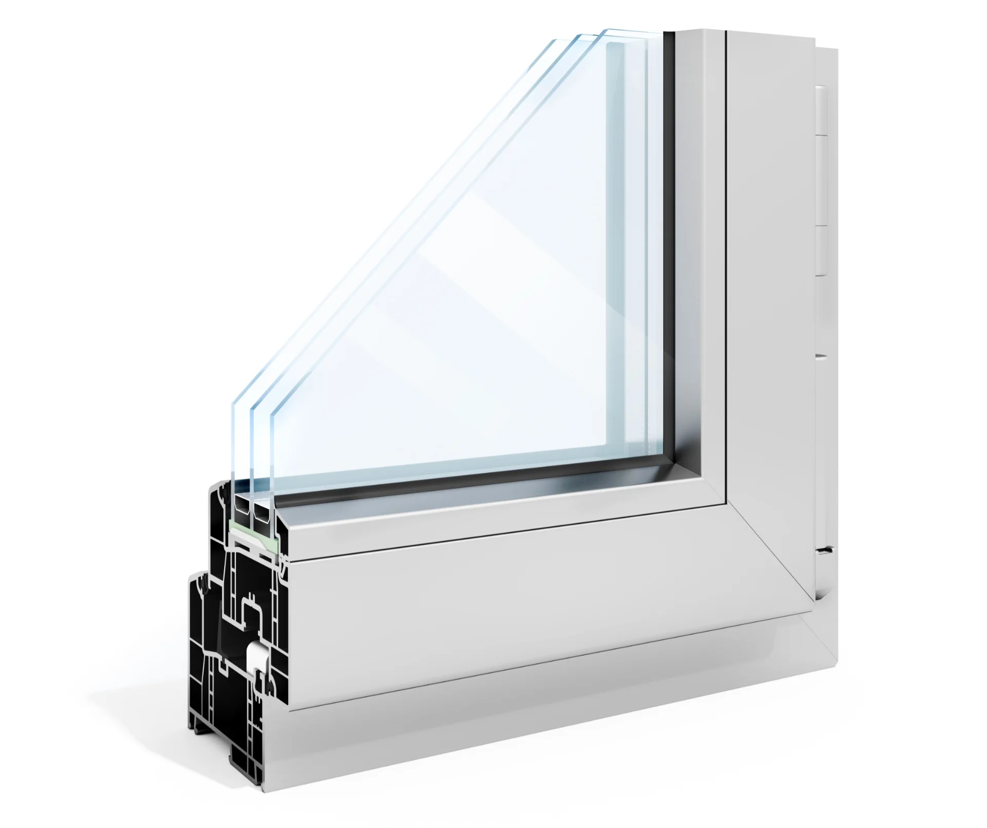 3D-Rendering eines Aluminiumfensters, mit Querschnittansicht und Innenkonstruktion.