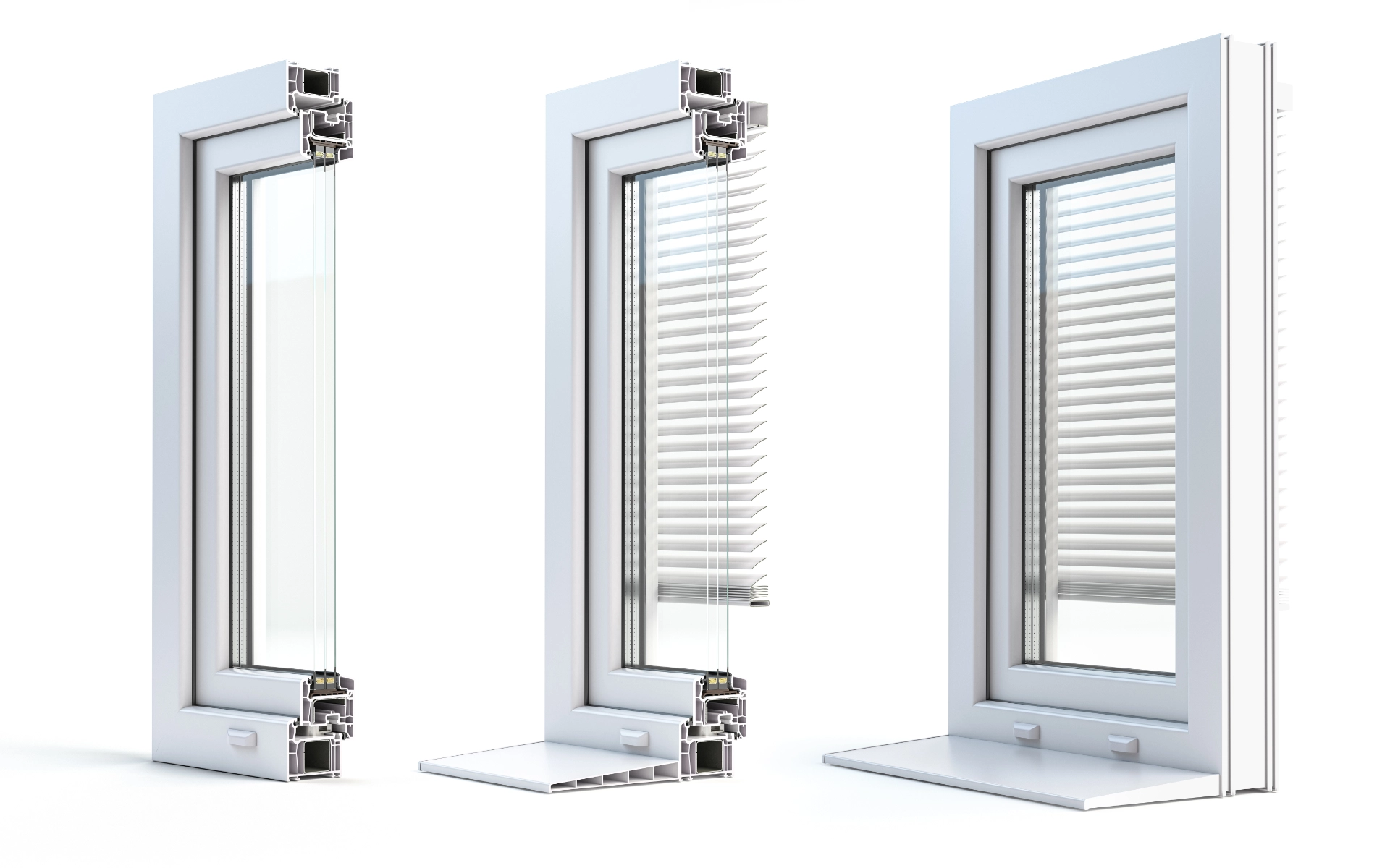3D-Rendering eines Aluminiumfensters mit Schnittansicht und Innenaussehen.