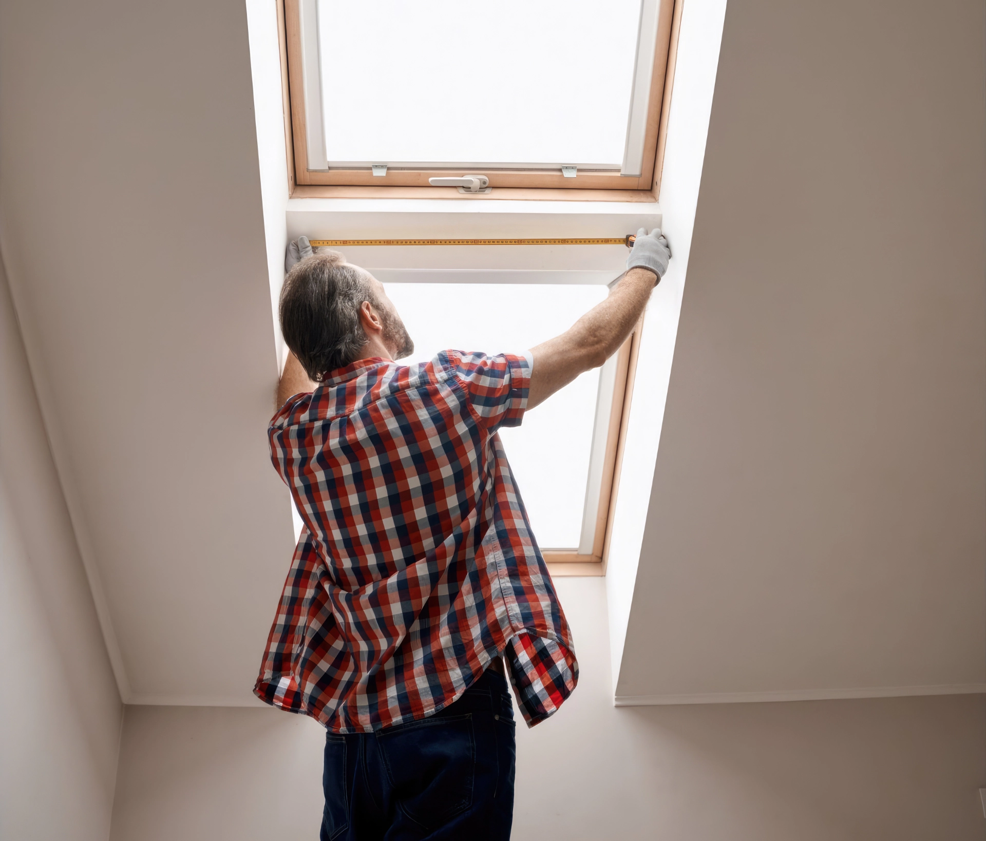 3D-Rendering eines einzelnen kippbaren grauen Dachfensters auf einem grauen Dachziegeldach.