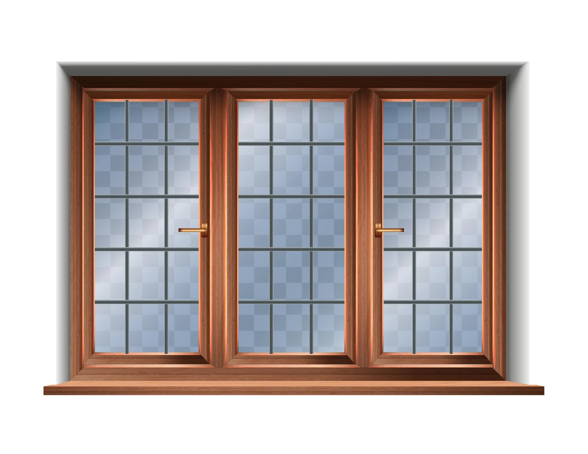 3D-Rendering eines dreifach verglasten, braunen Holzfensters