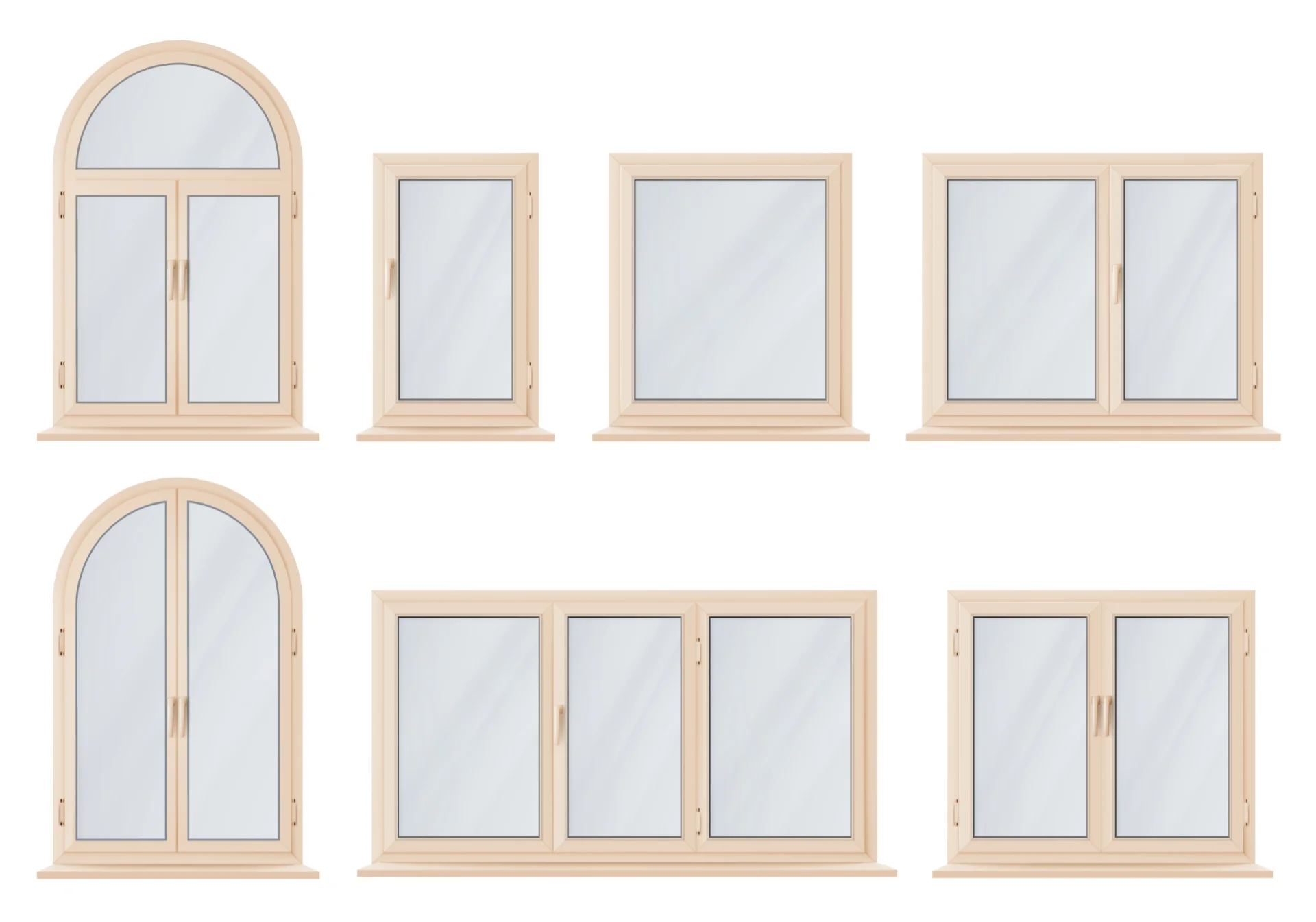 3D-Render von Holzfenstern in verschiedenen Ausführungen, Einzel-, Doppel- und Dreifachfenster